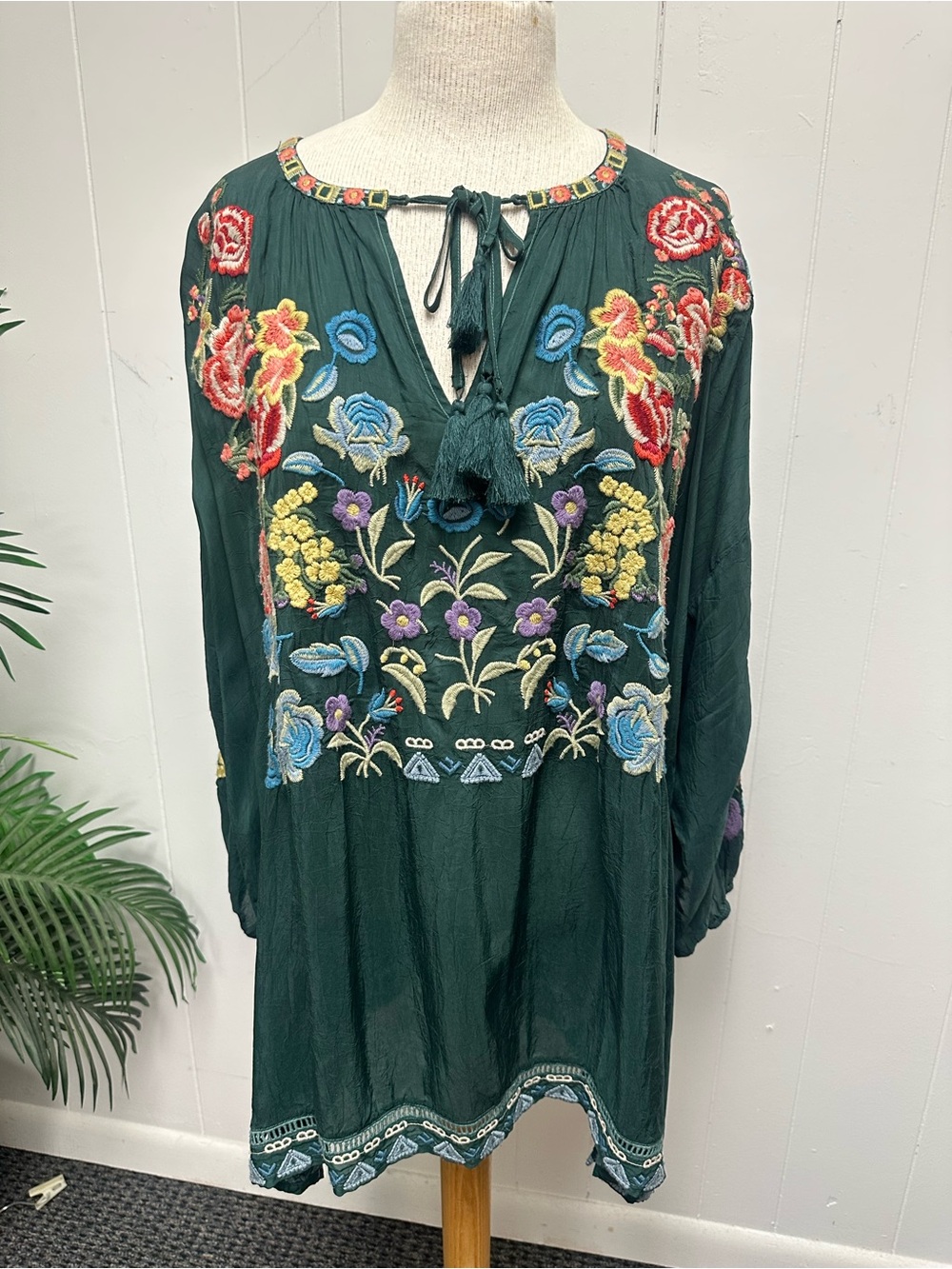 Johnny Was Embroidered Dark Green Tunic Top